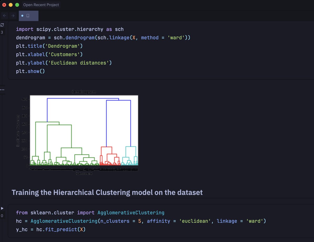 A notebook open in Zed, with a code cell and its dendrogram plot below it