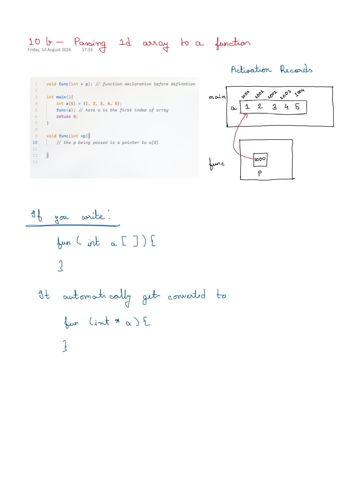 First page of C Programming 10b – 1D Array to Function notes