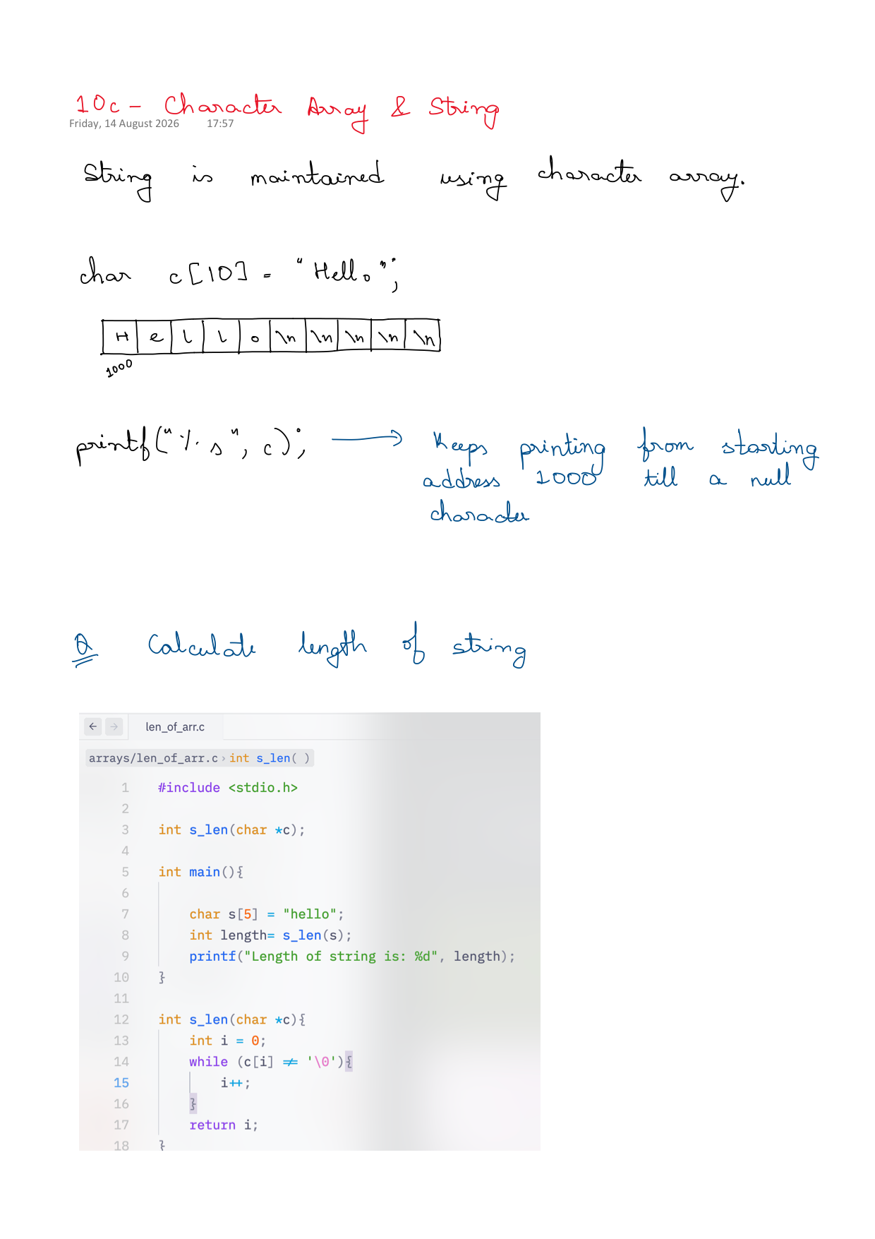 First page of C Programming 10c – Char Array and String notes