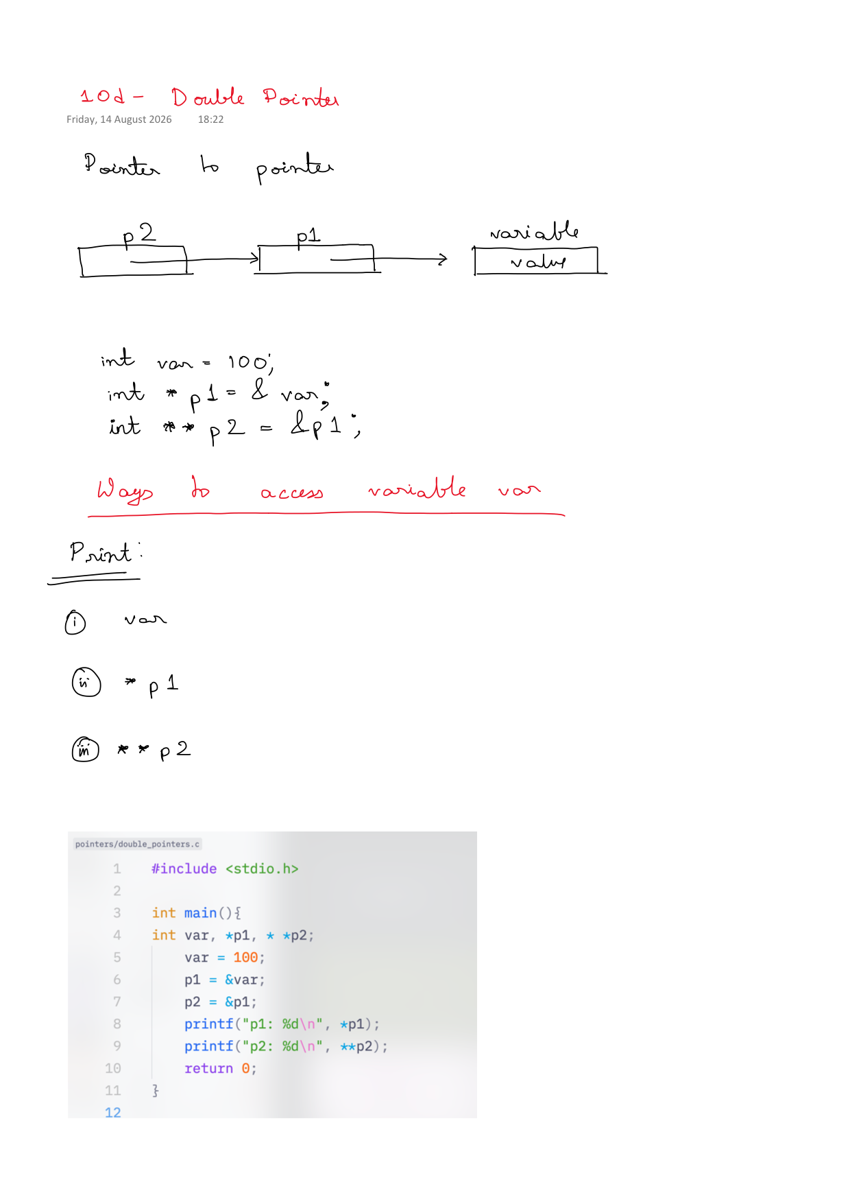 First page of C Programming 10d – Double Pointers notes