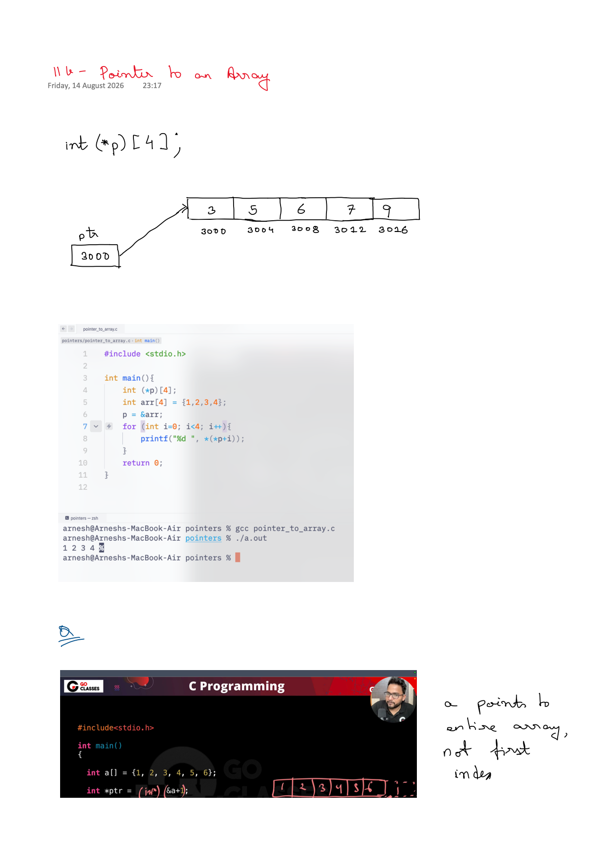First page of C Programming 11b – Pointer to Array notes