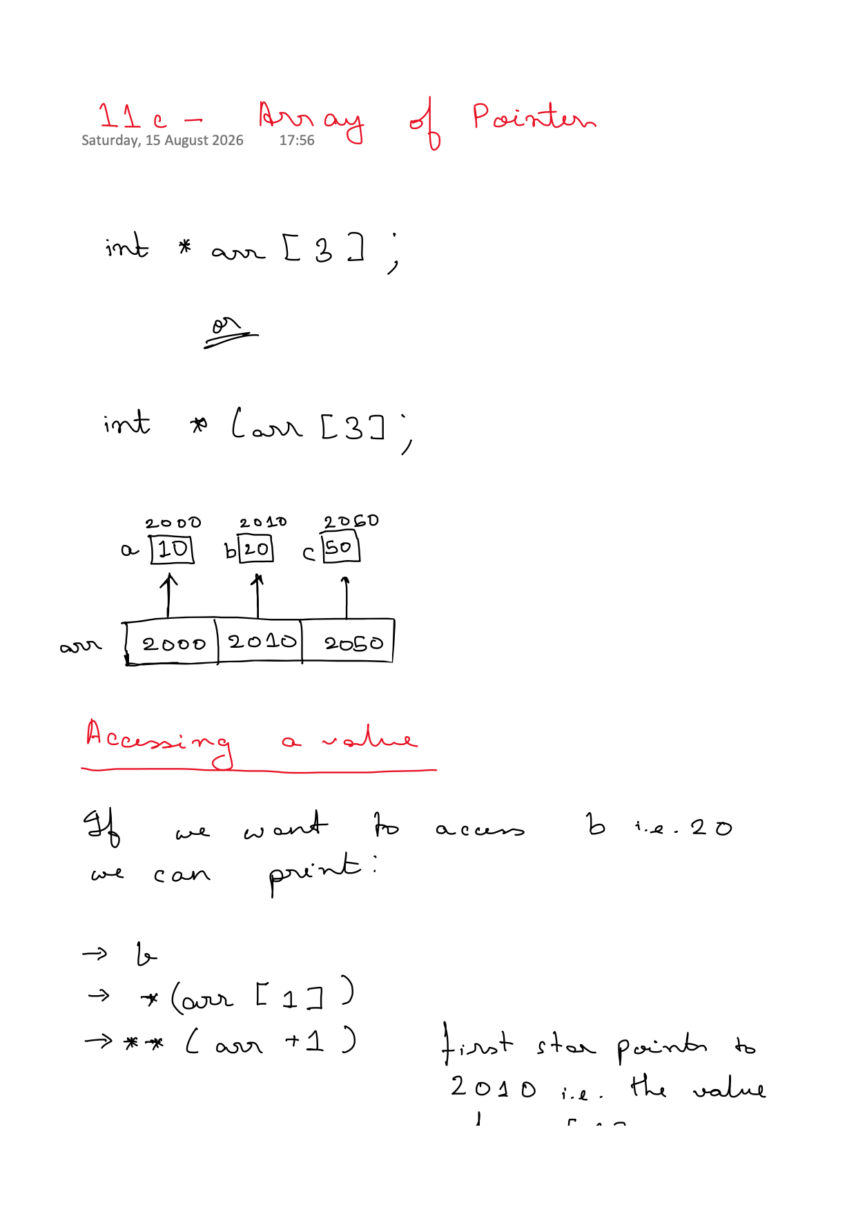 First page of C Programming 11c – Array of Pointers notes