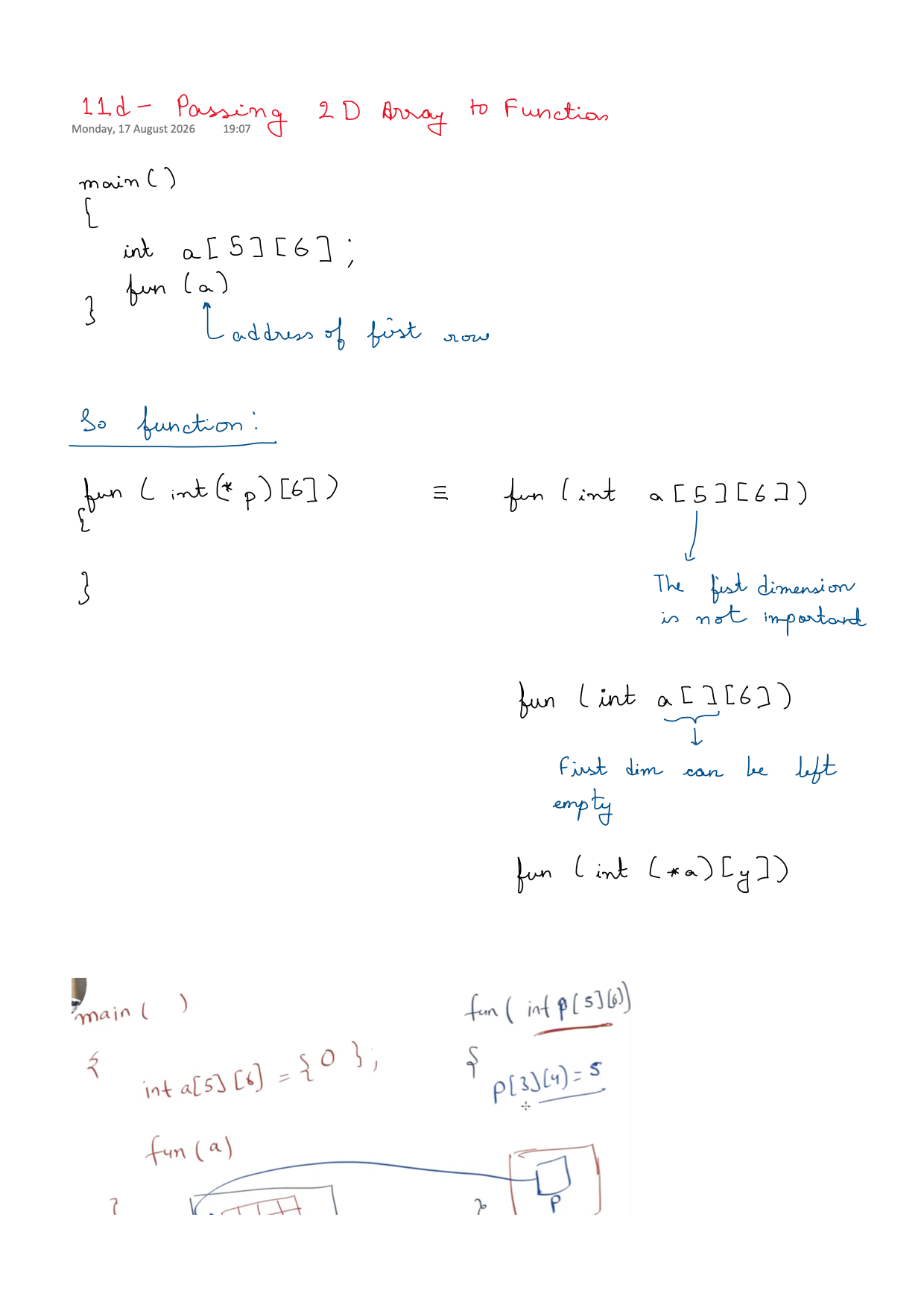 First page of C Programming 11d – 2D Array to Function notes