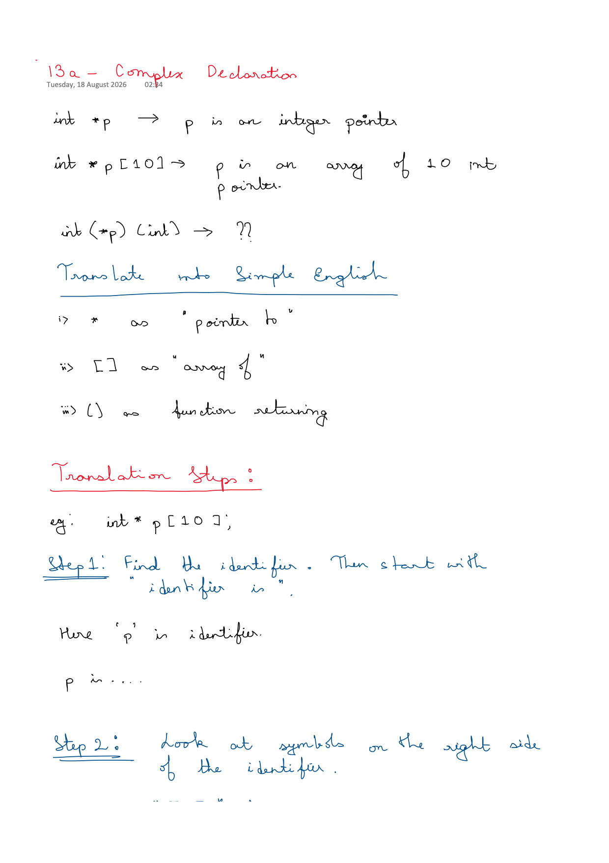 First page of C Programming 13a – Complex Declarations notes