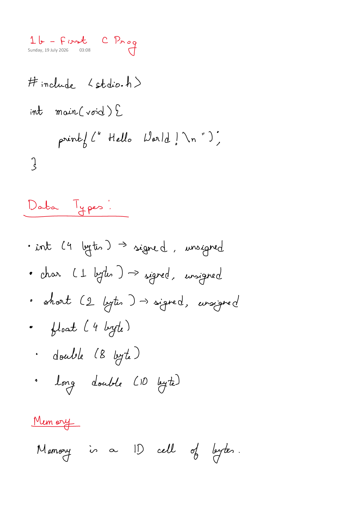 First page of C Programming 1b notes
