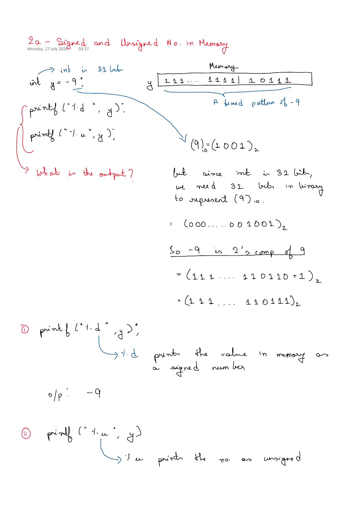 First page of C Programming 2a – Signed and Unsigned Memory notes