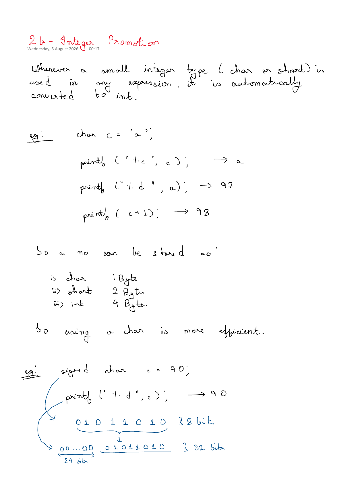 First page of C Programming 2b – Integer Promotion notes