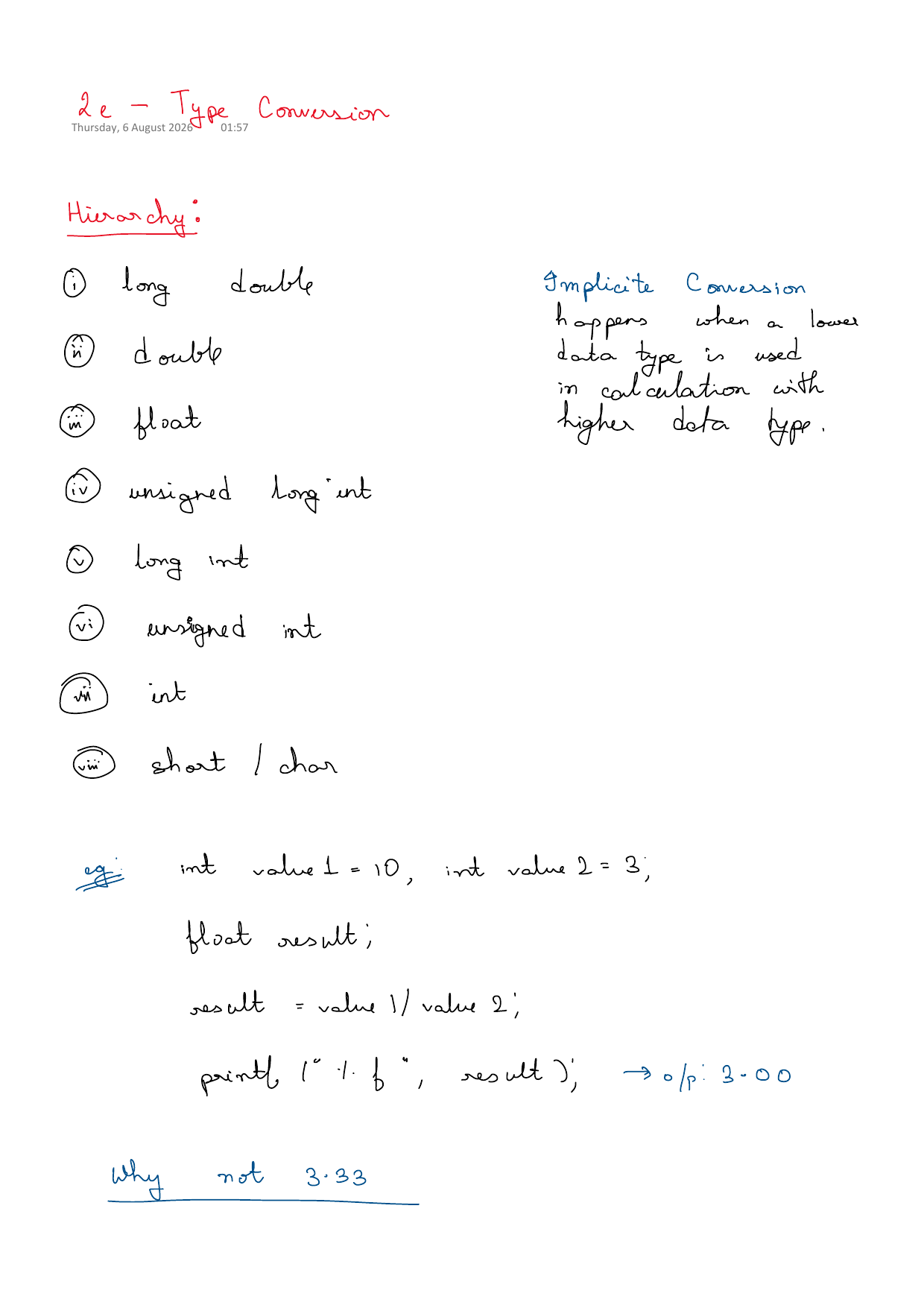 First page of C Programming 2e – Type Conversion notes