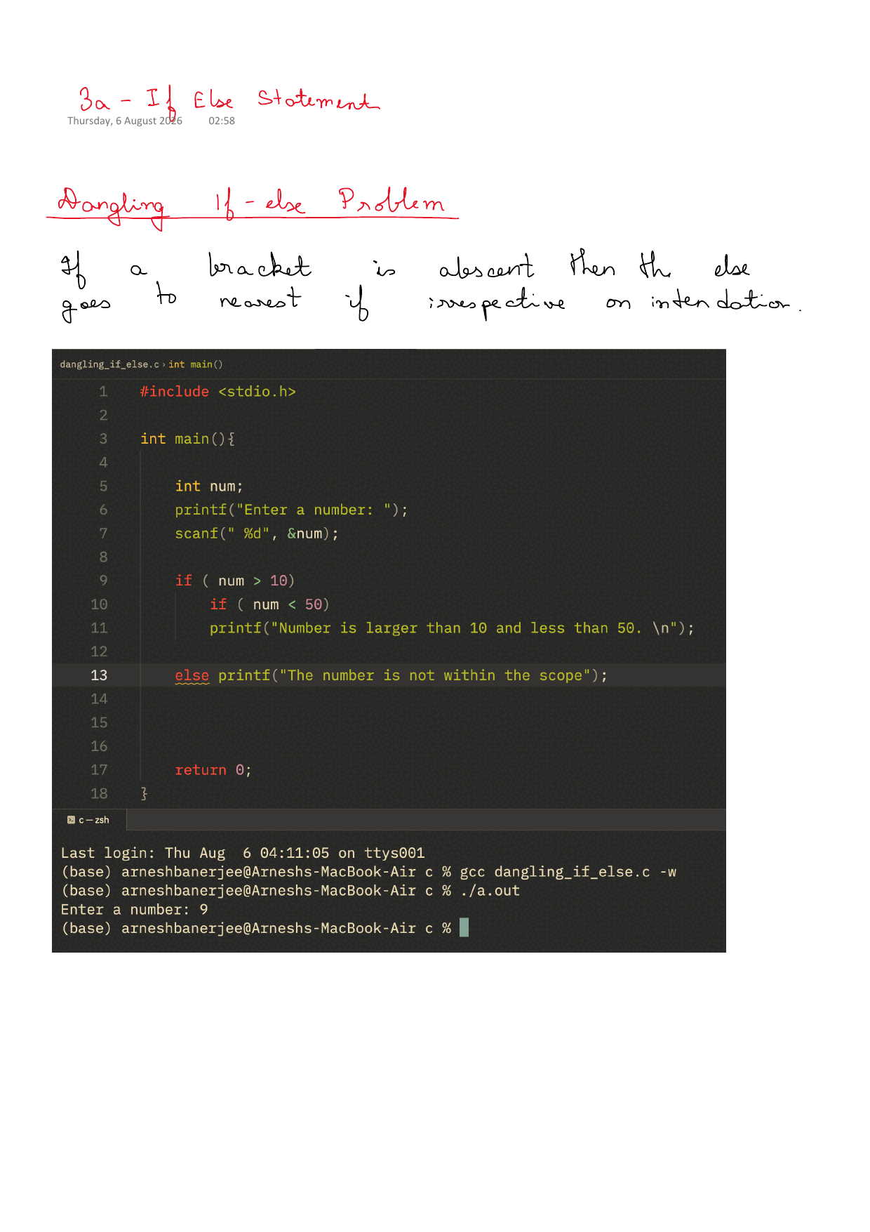 First page of C Programming 3a – If Else Statements notes