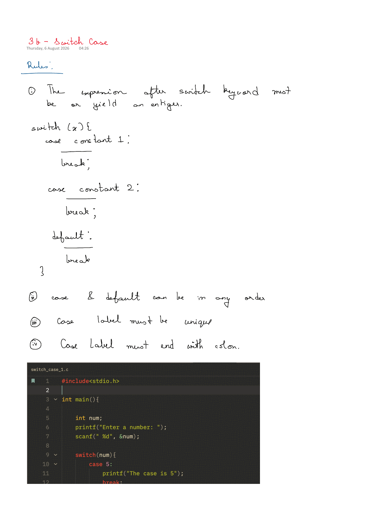 First page of C Programming 3b – Switch Case notes