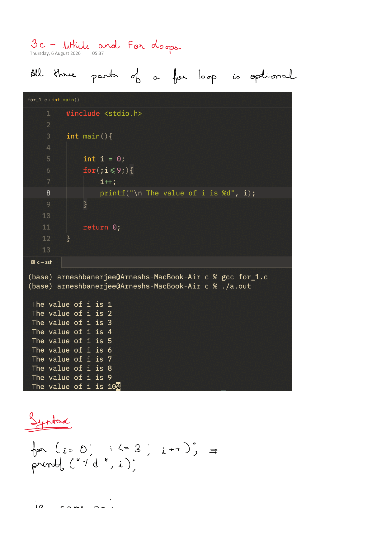 First page of C Programming 3c – While and For Loops notes