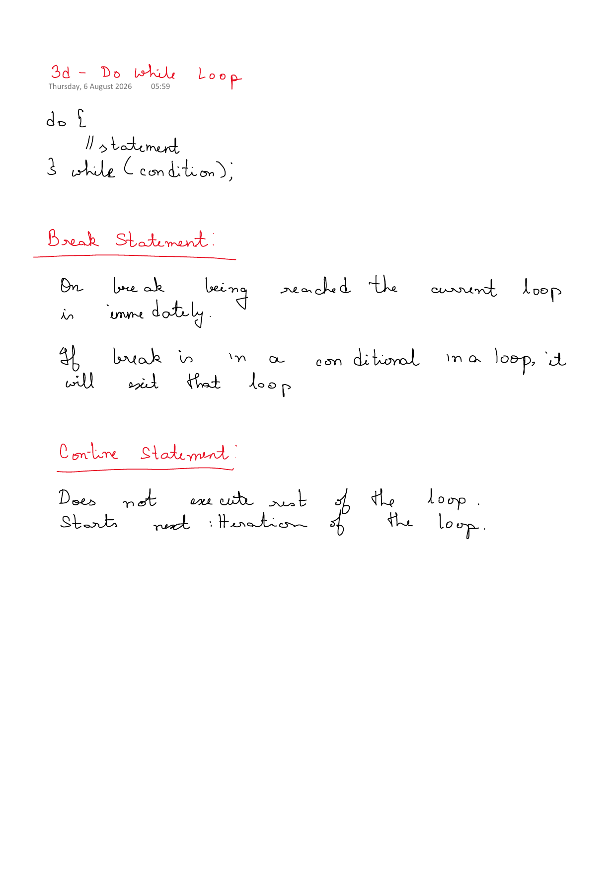 First page of C Programming 3d – Do While and Break/Continue notes