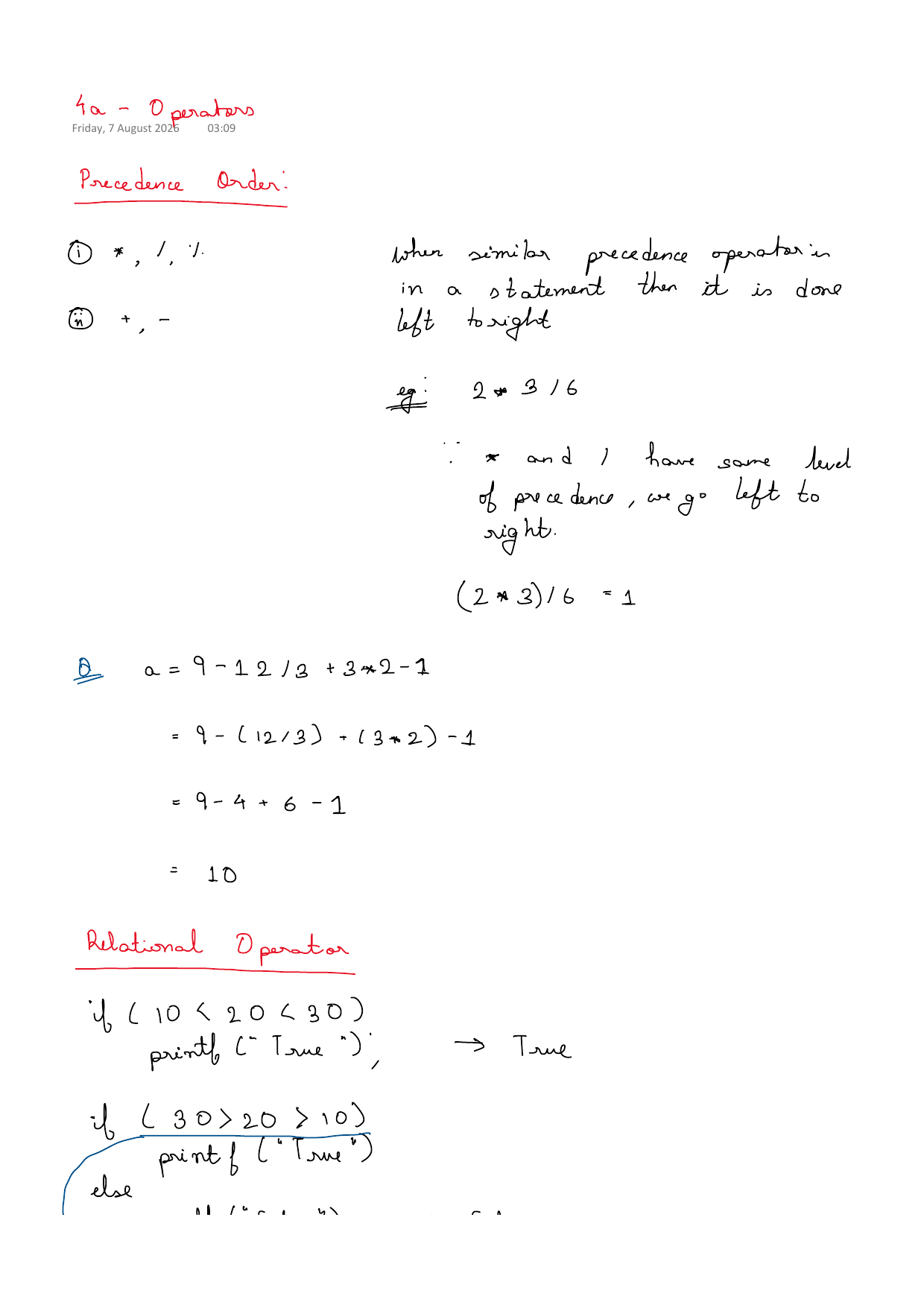 First page of C Programming 4a – Operators notes