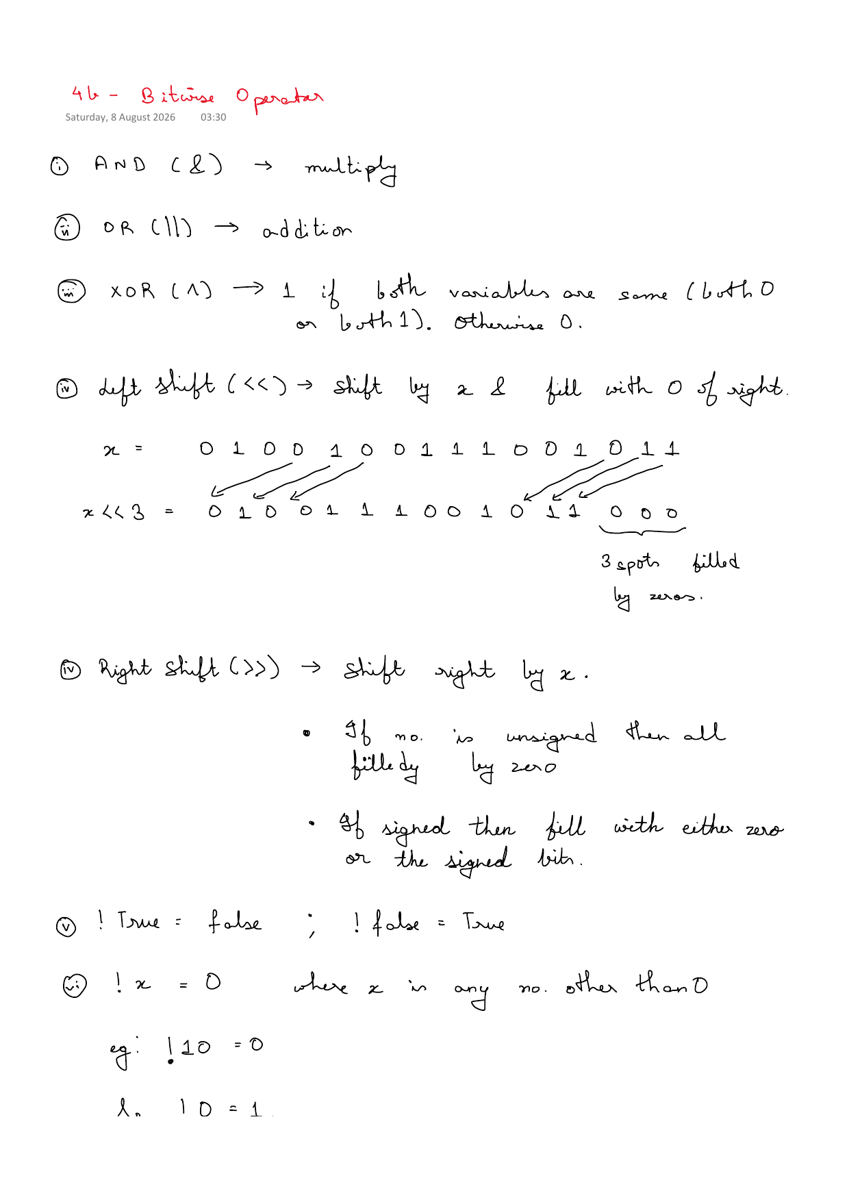 First page of C Programming 4b – Bitwise Operators notes