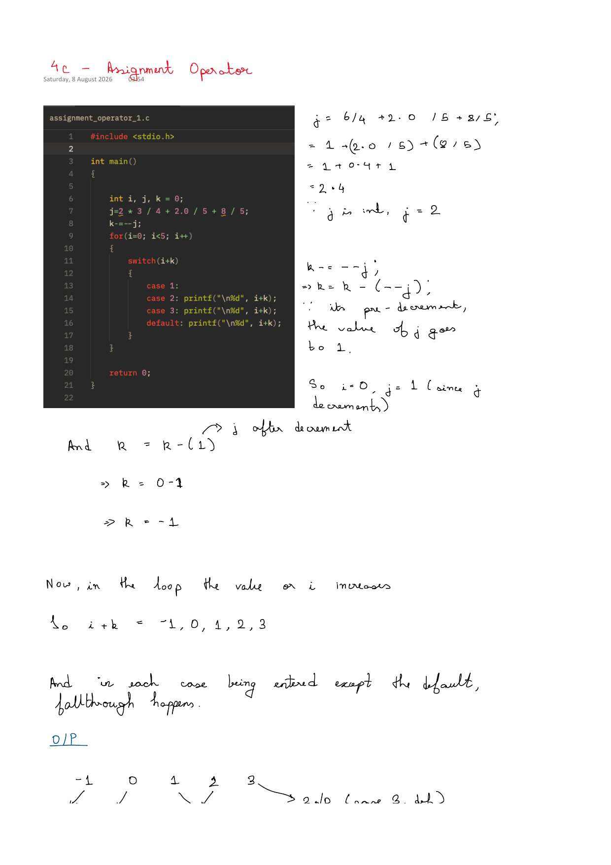 First page of C Programming 4c – Assignment Operators notes