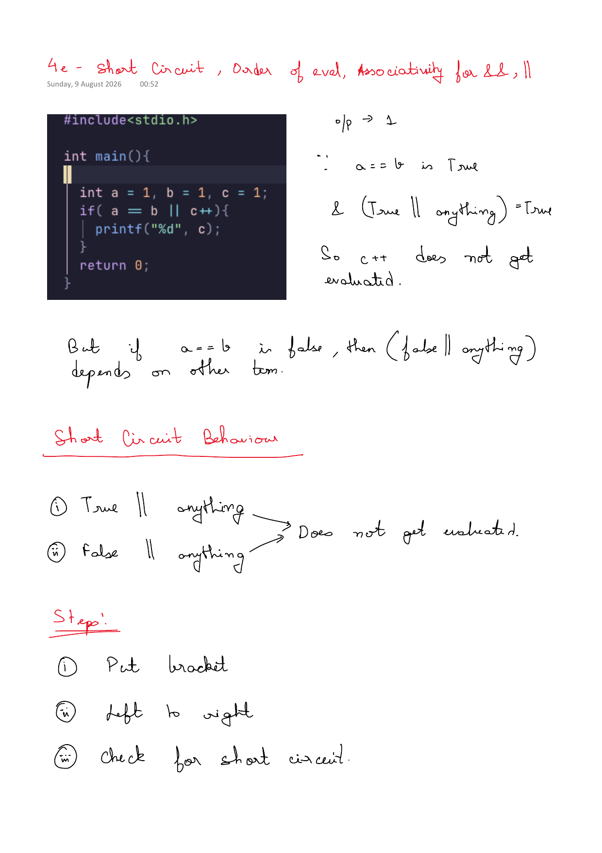 First page of C Programming 4c – Short Circuit Evaluation notes