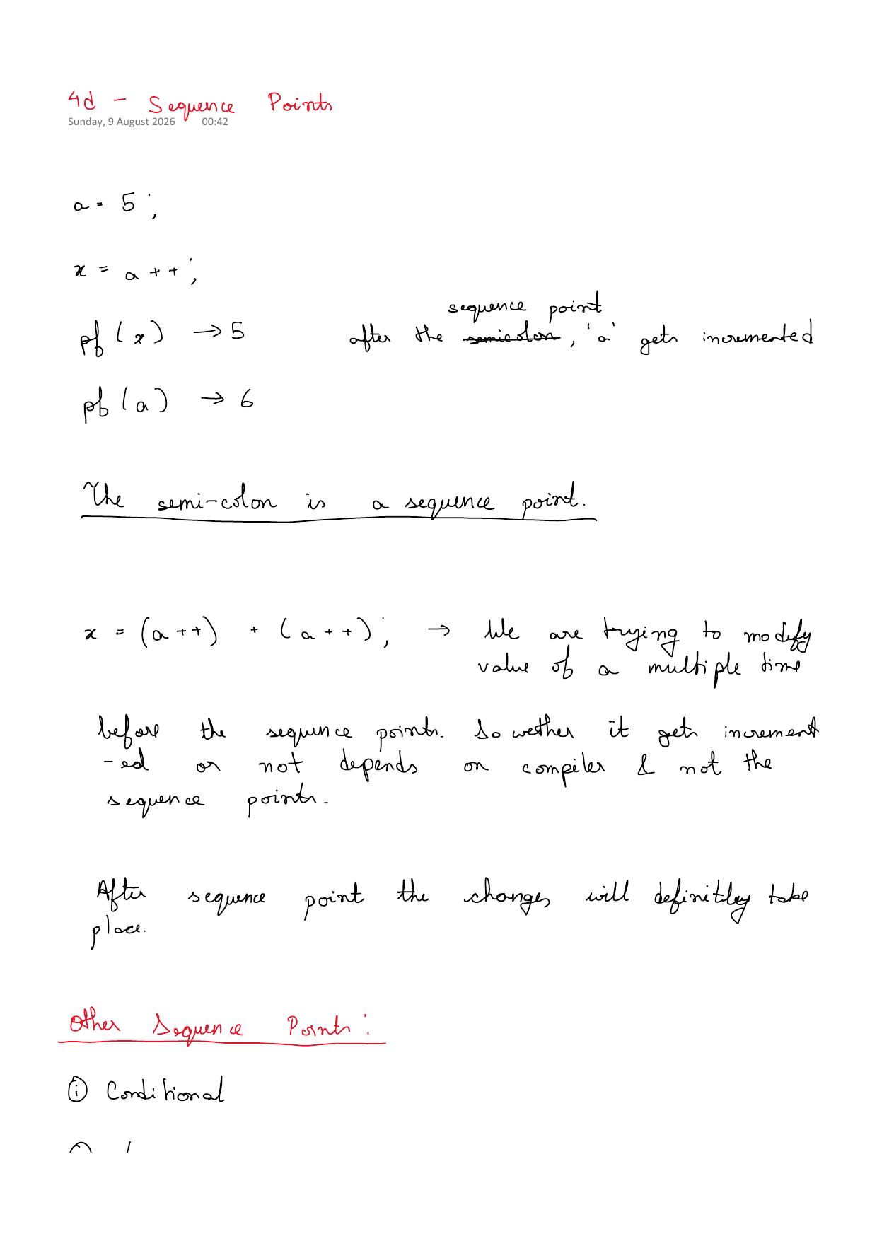 First page of C Programming 4d – Sequence Points notes