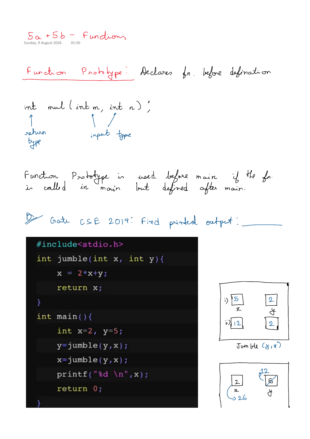 First page of C Programming 5a/5b – Functions notes