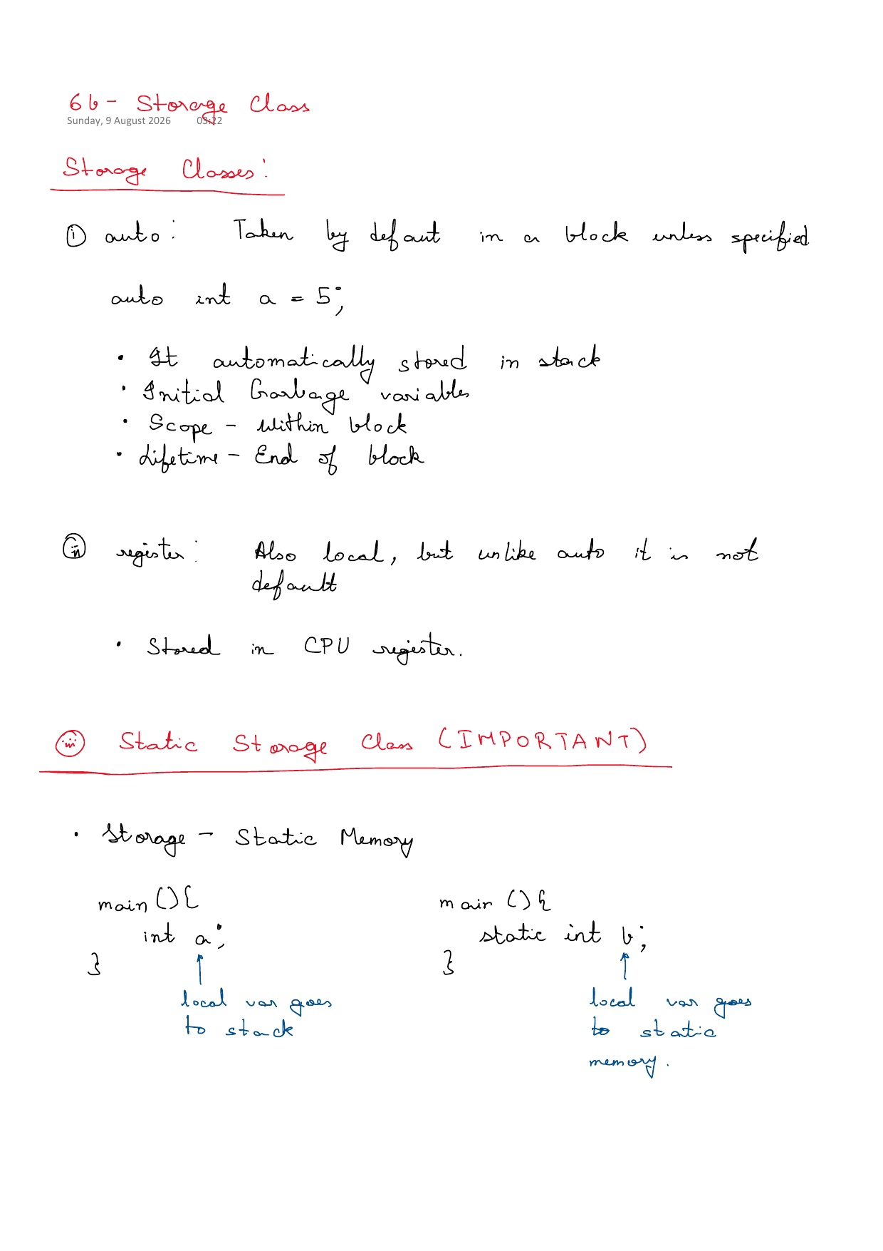 First page of C Programming 6b – Storage Classes notes