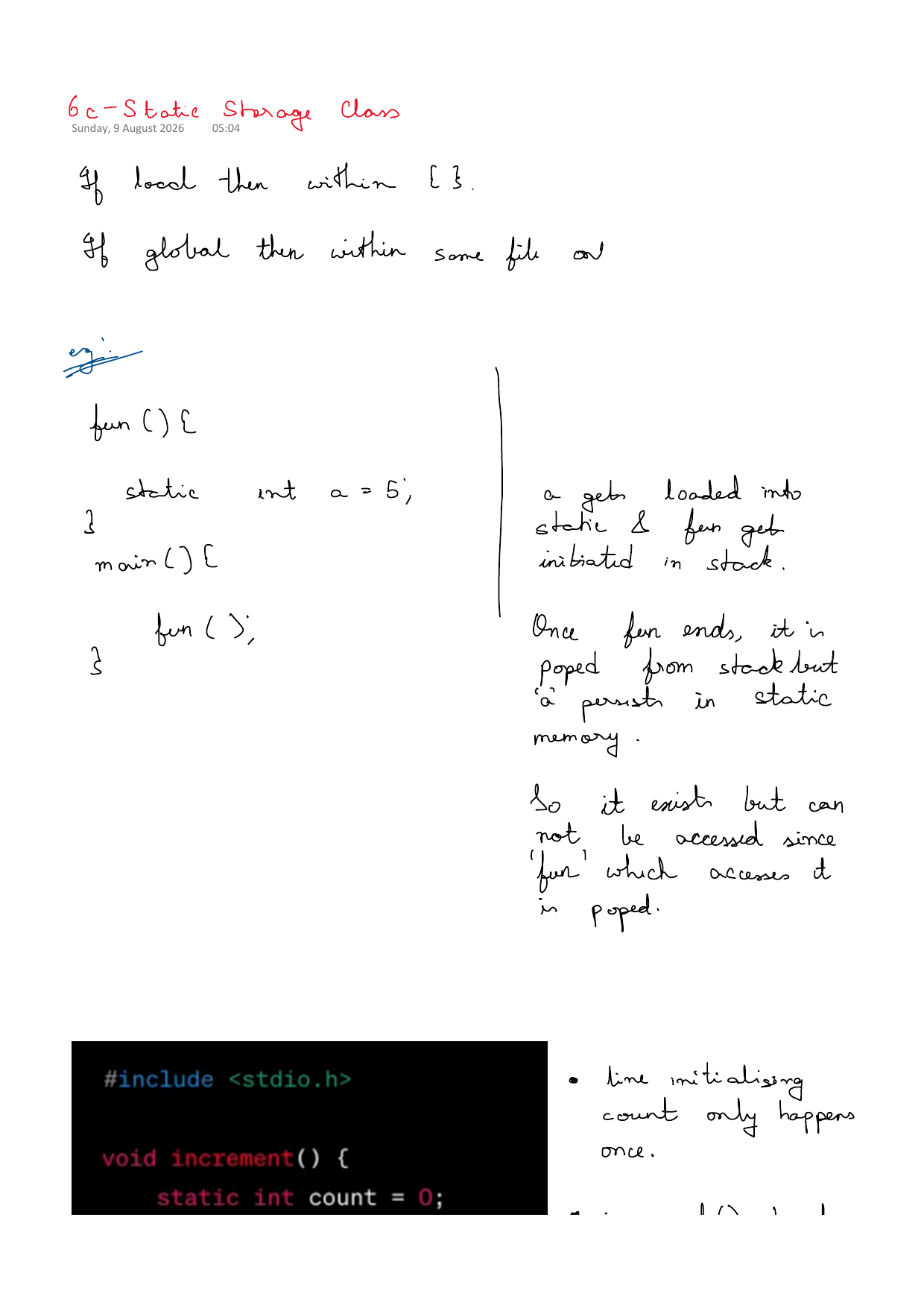 First page of C Programming 6c – Static Storage Class notes
