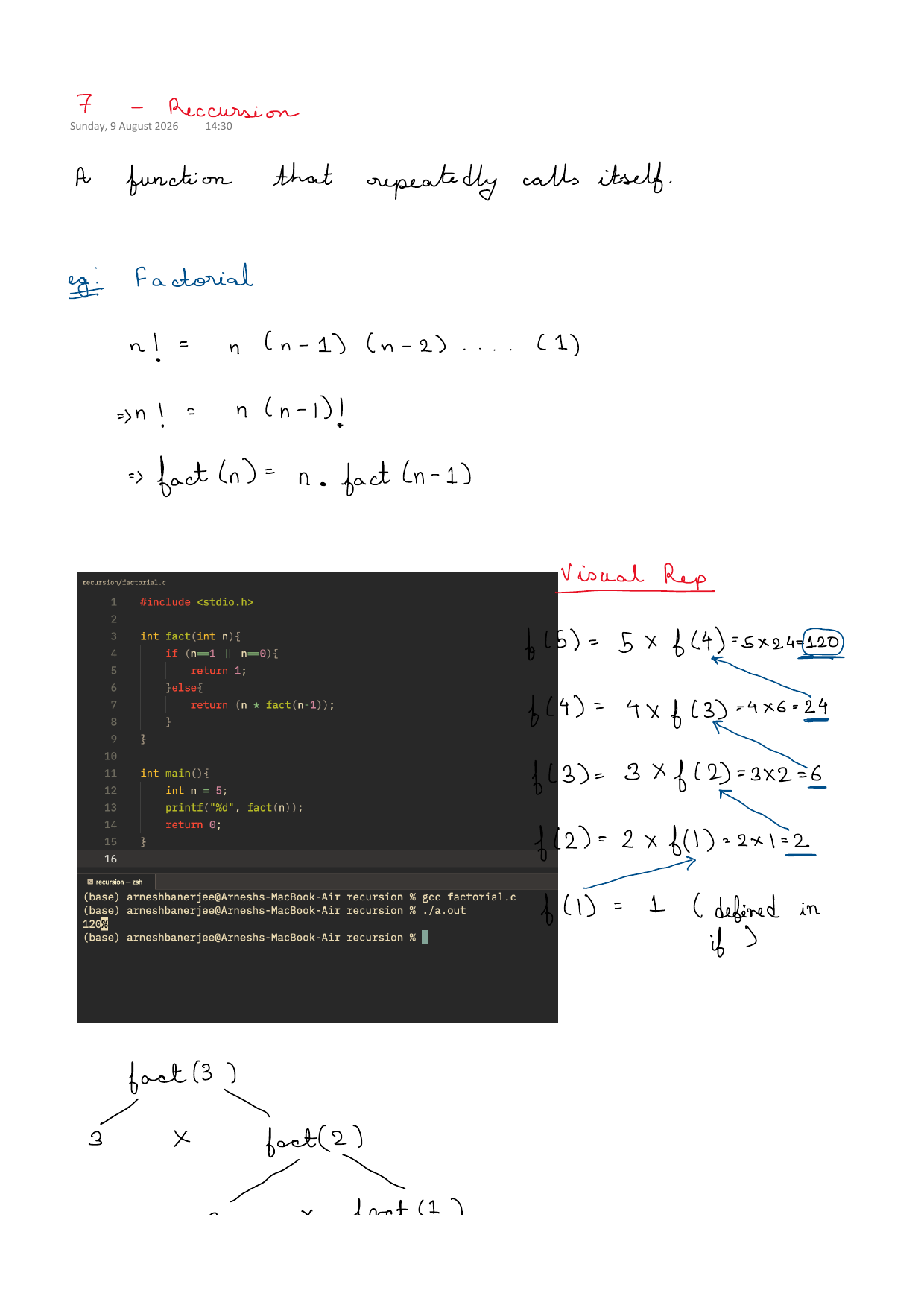 First page of C Programming 7 – Recursion notes