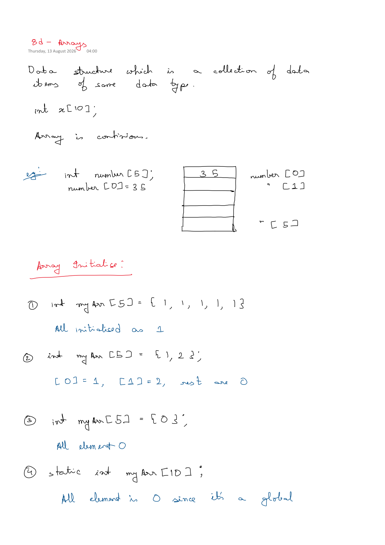 First page of C Programming 8d – Arrays notes