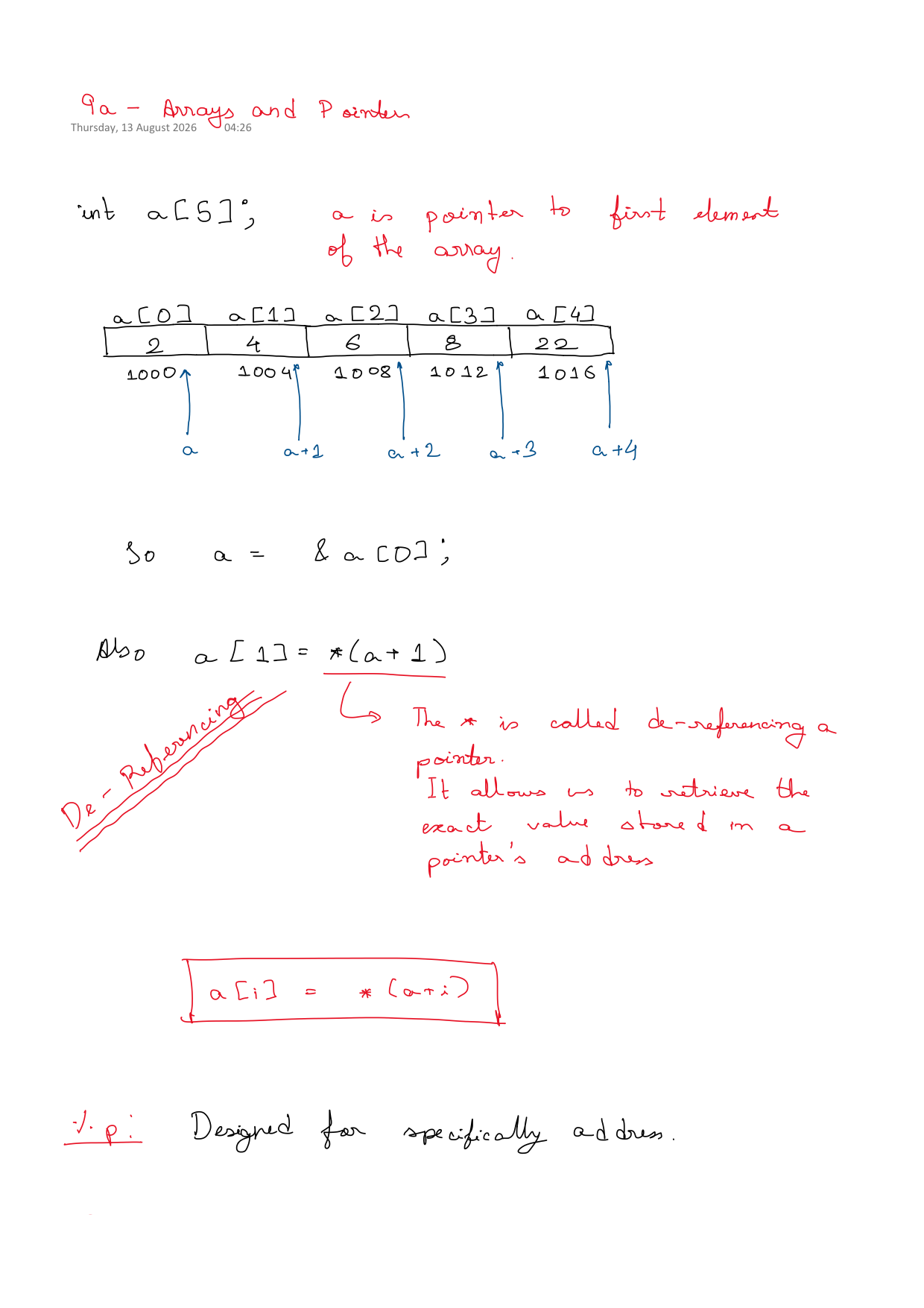 First page of C Programming 9a – Arrays and Pointers notes