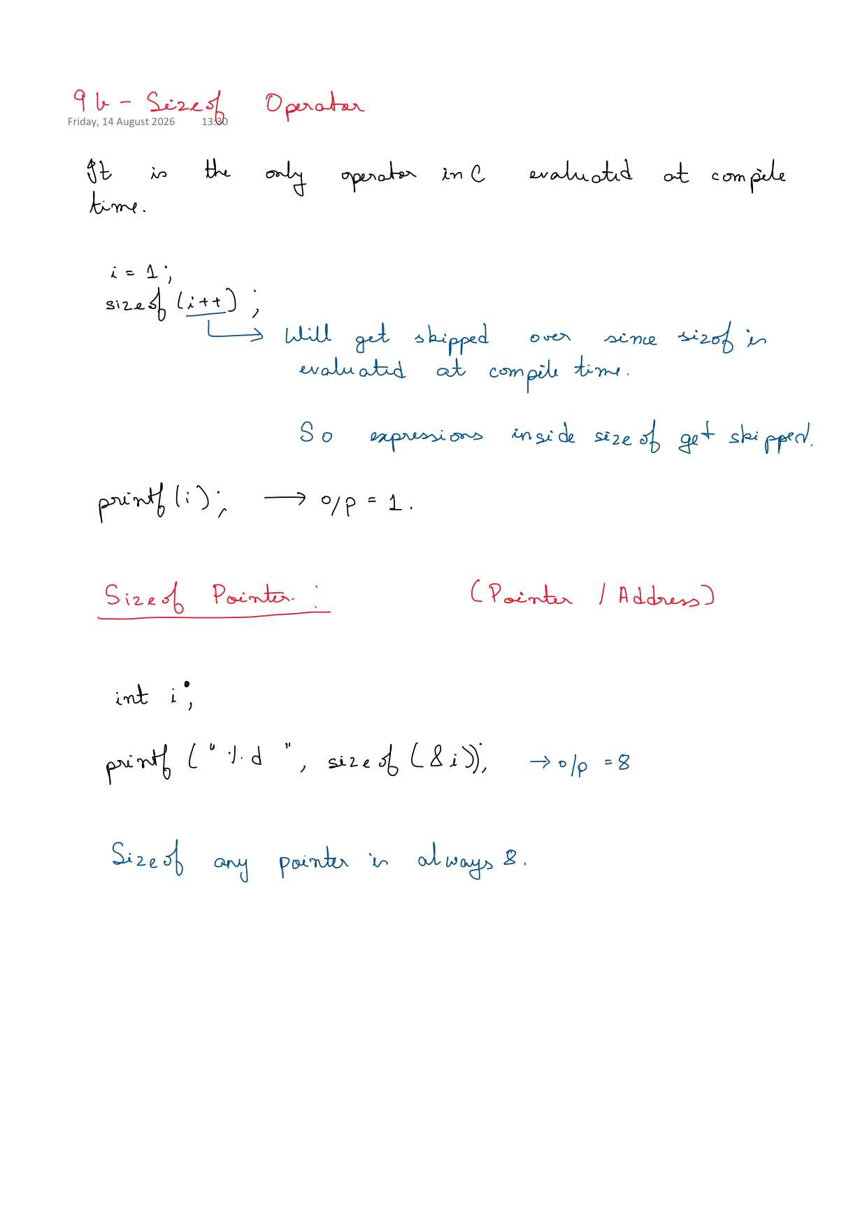 First page of C Programming 9b – sizeof Operator notes