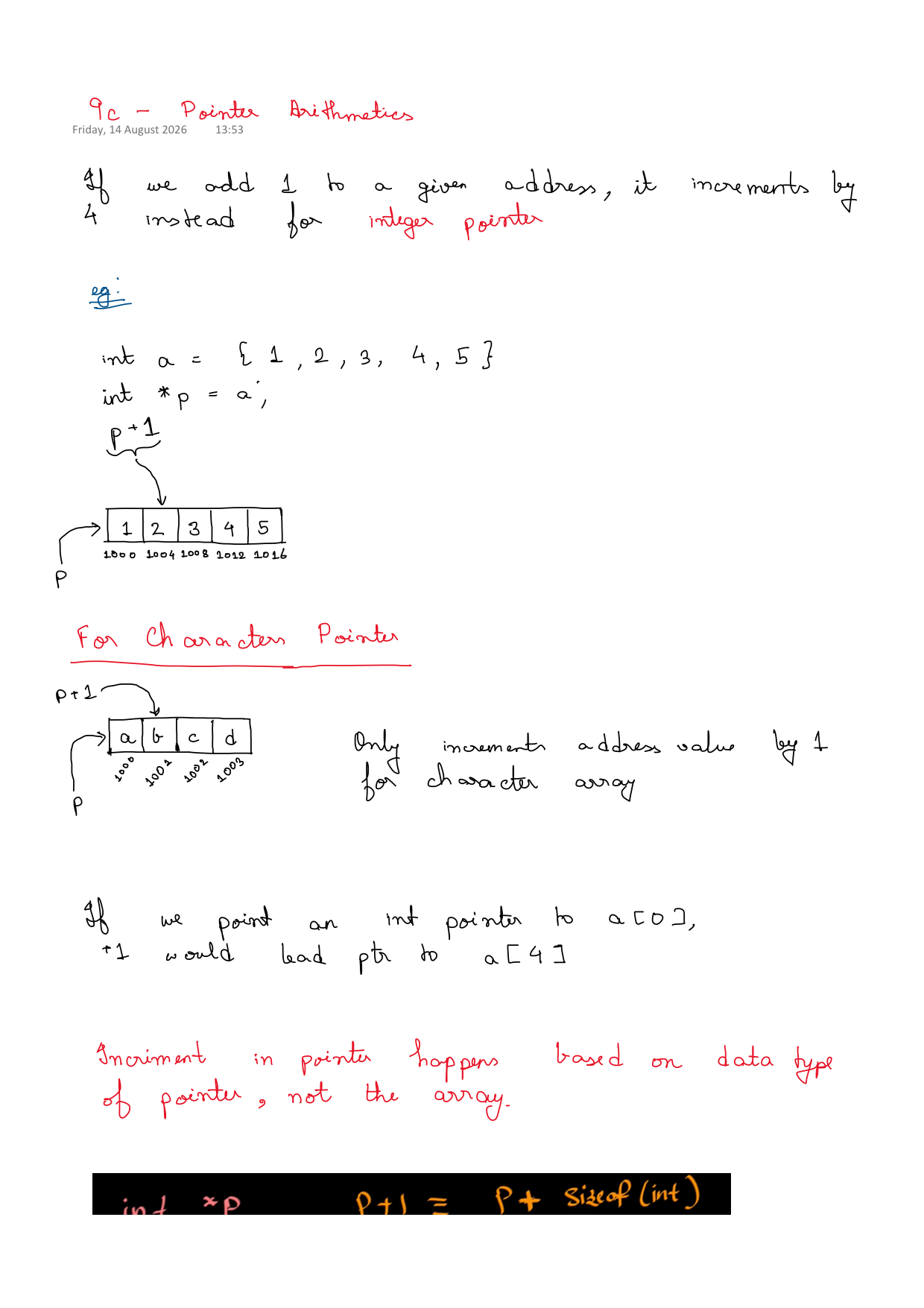First page of C Programming 9c – Pointer Arithmetic notes