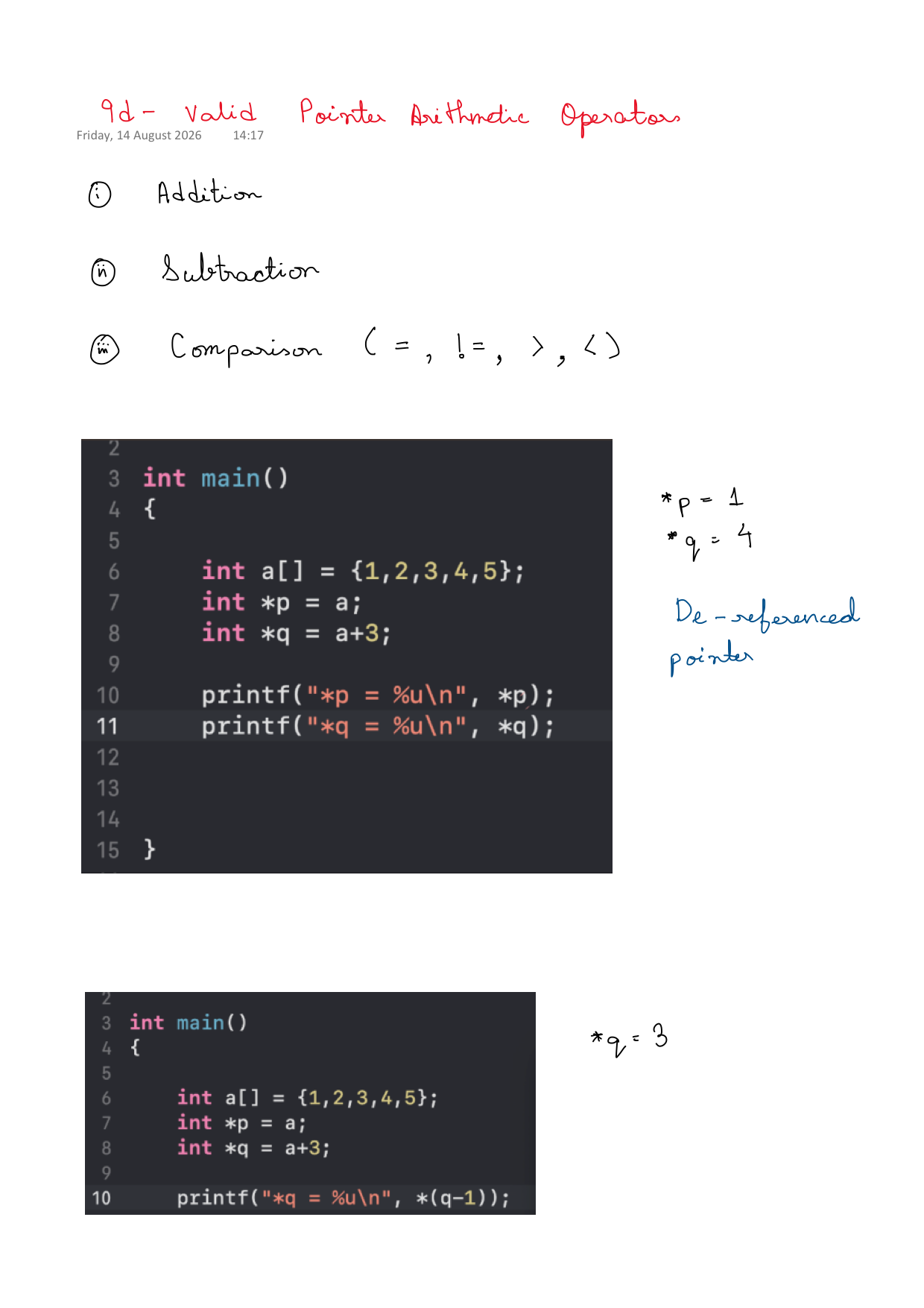 First page of C Programming 9d – Valid Pointer Arithmetic notes